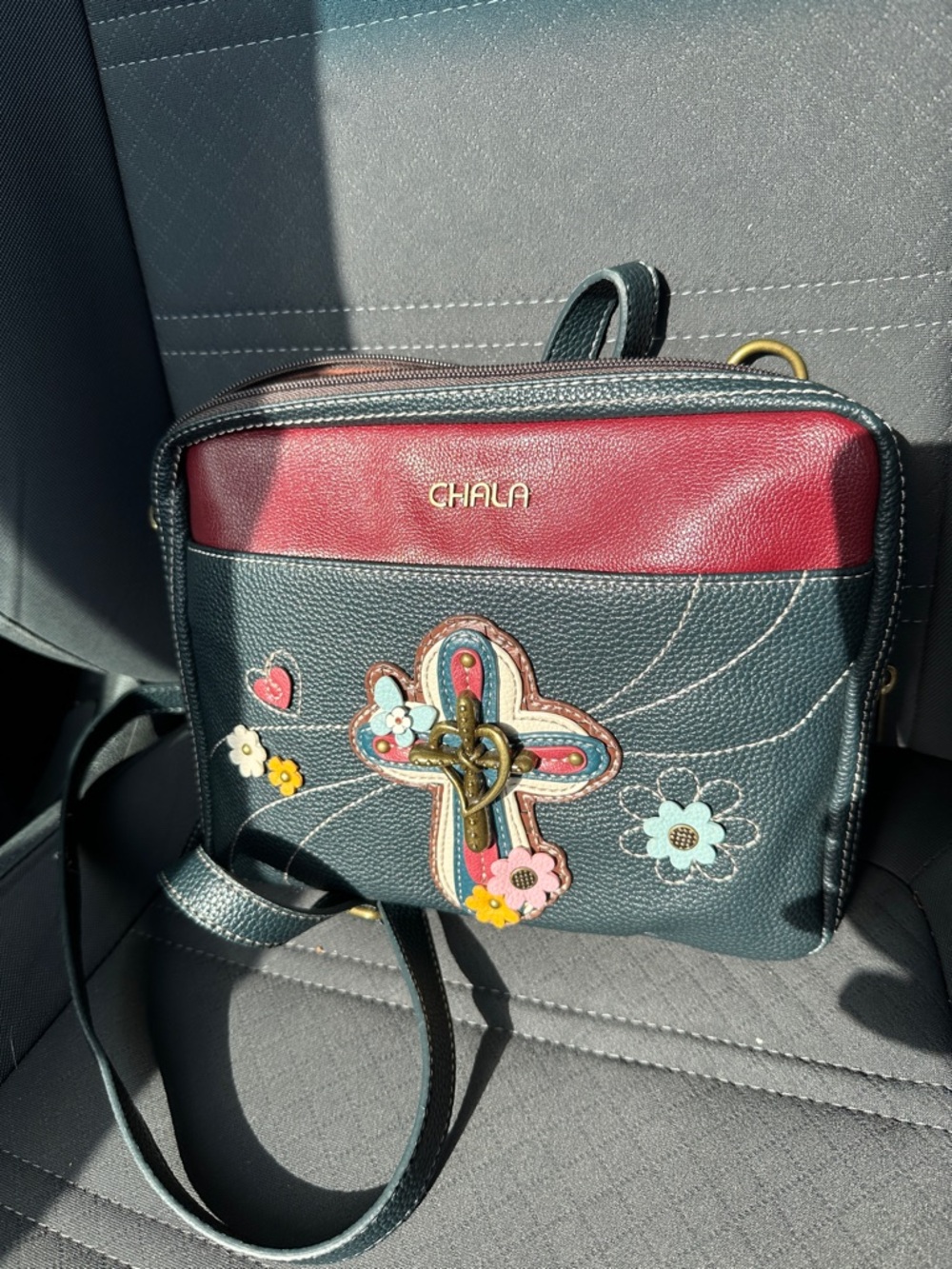 Chala Black and Burgundy Floral Cross Appliqué Crossbody Bag